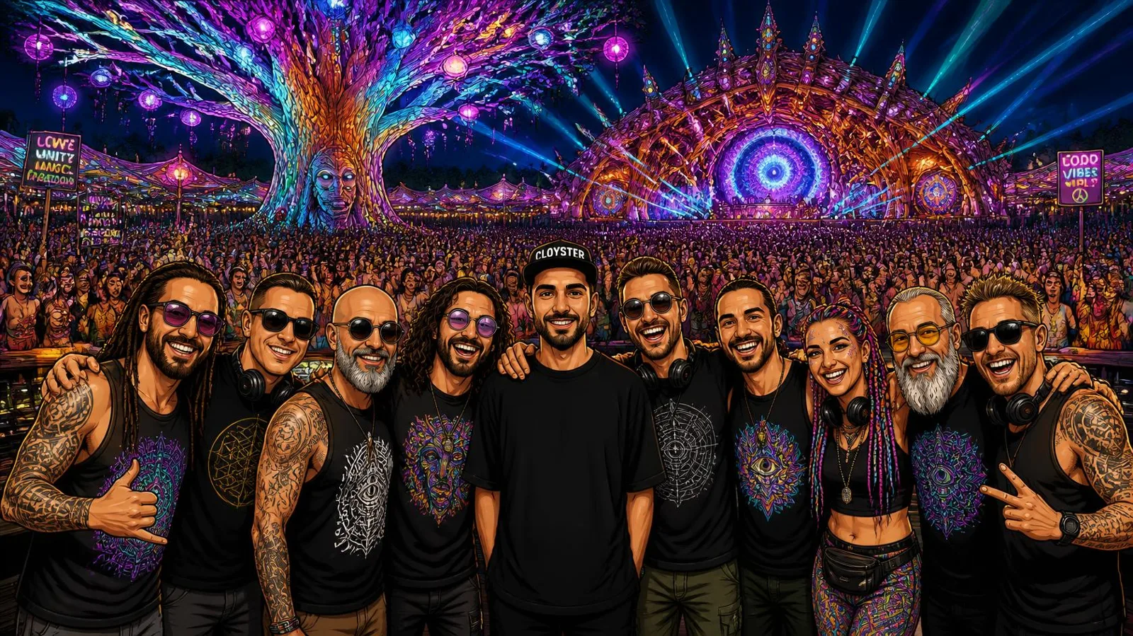 Illustration: CLOYSTER and a row of DJs arm in arm on a festival stage, a dancing crowd and a giant glowing tree behind them